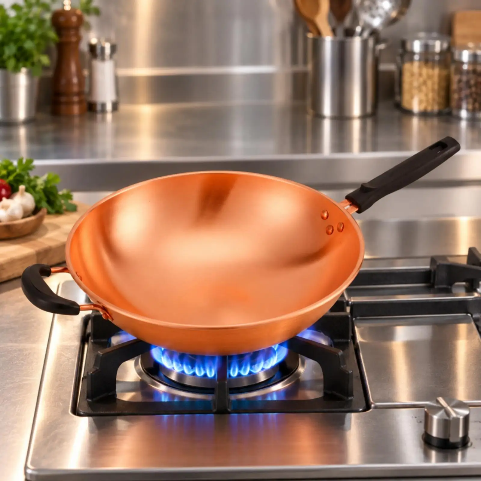 Gas Burner Compatible Round Copper Wok with Flat Bottom Robust Copper Wok with