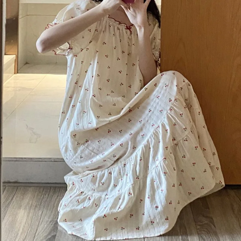 Cherry Nightgown Sleepwear Women Korean Summer One Piece Pajamas Dress Ruffle Short Sleeve Cute Night Sleeping Bow Home Wear New