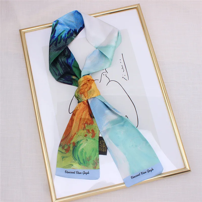 Van Gogh Oil Painting Twill Silk Scarf Women Neckerchief Skinny Scarf Bag Ribbons Female Neck Tie Head Scarves Wraps For Ladies