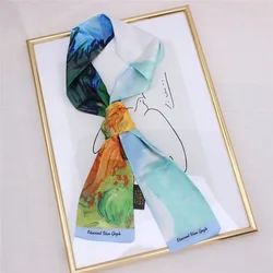 Van Gogh Oil Painting Twill Silk Scarf Women Neckerchief Skinny Scarf Bag Ribbons Female Neck Tie Head Scarves Wraps For Ladies