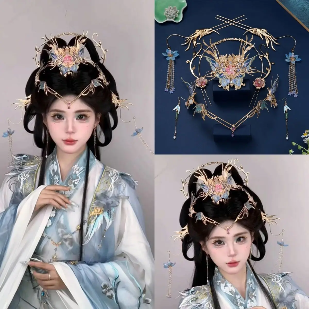

Pink Flower Classical Chinese Hairpin Phoenix Hair Crown Set Fairy Exotic Dunhuang Flying Apsara Hair Accessory
