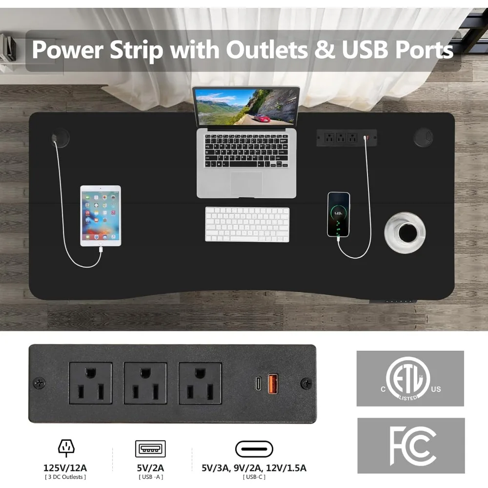 Adjustable Electric Standing Desk 63x24 Ergonomic Curved Desk with Outlet Lockable Feature for Enhanced Comfort