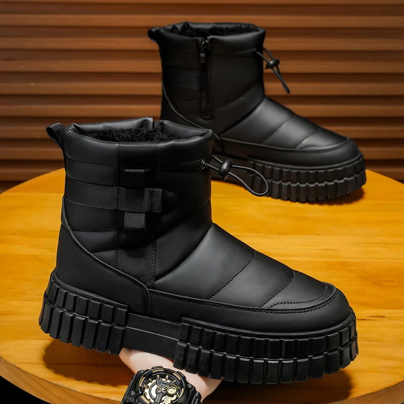 Men's winter snow boots, fleece-lined and extra warm, high-top padded boots, leather and fur combo down-insulated cozy sneakers