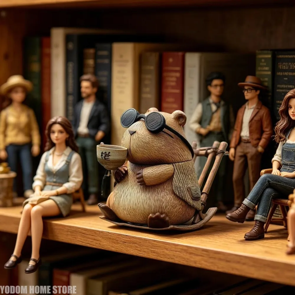 Capybara Resin Figurine Funny Animal Statue Decor Capybara Drinking Tea Figure for Home Indoor Bookshelf Windowsill Tabletop