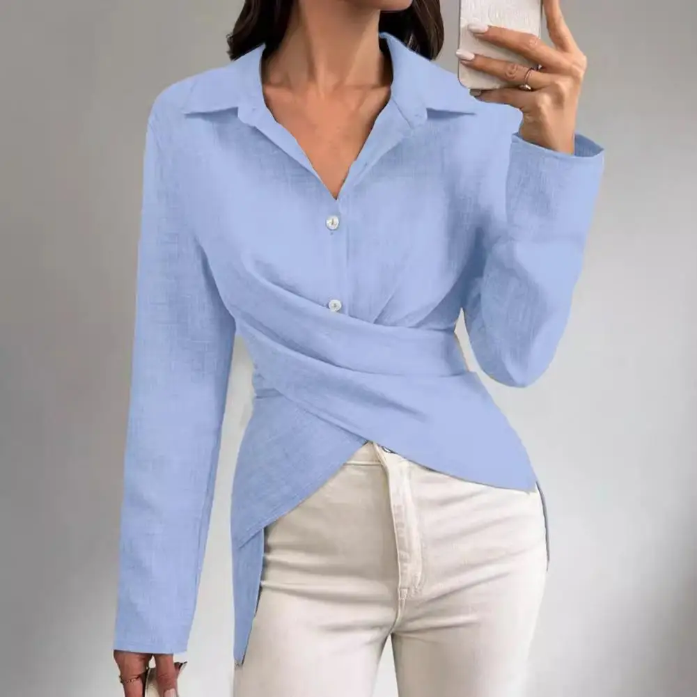 

Women Shirt Lapel Long Sleeve Single Breasted Shirt Tops Solid Color Buttons Placket Autumn Shirt Daily Wear