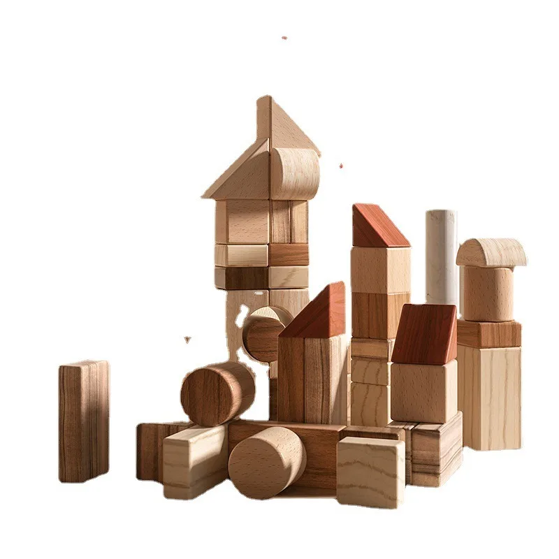 Wooden play family, log wood building block baby 1 year old child baby chunk particle puzzle assembly early education toy