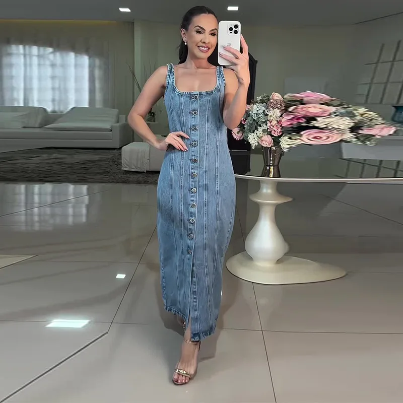 

New Summer Women'S Single-Breasted Strap Waist-Cinching Dress