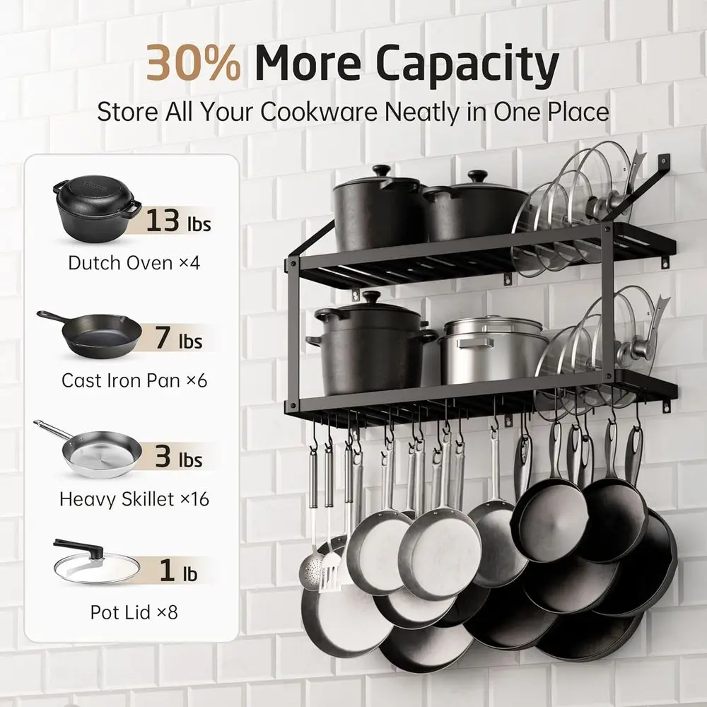 34 Wall-Mounted Pot Rack with 20 Hooks, High-Capacity for Pots and Pans, Matte Black, Easy Install