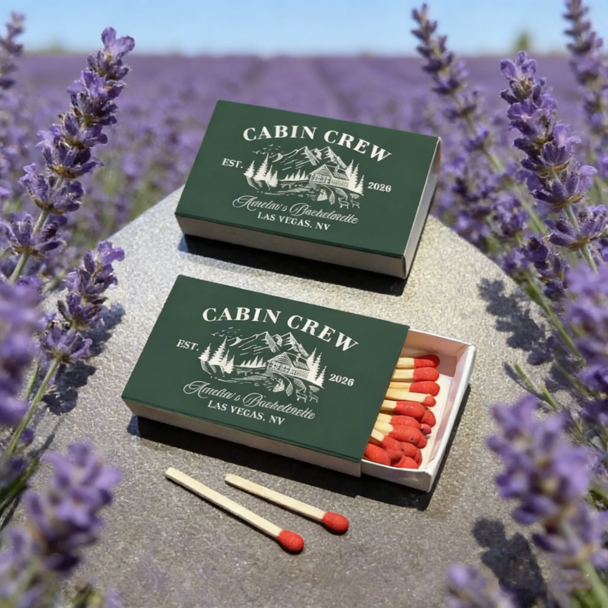 cabin-crew-bachelorette-party-matchboxes-mountain-cabin-bridal-shower-favors-custom-wedding-bach-weekend-gifts