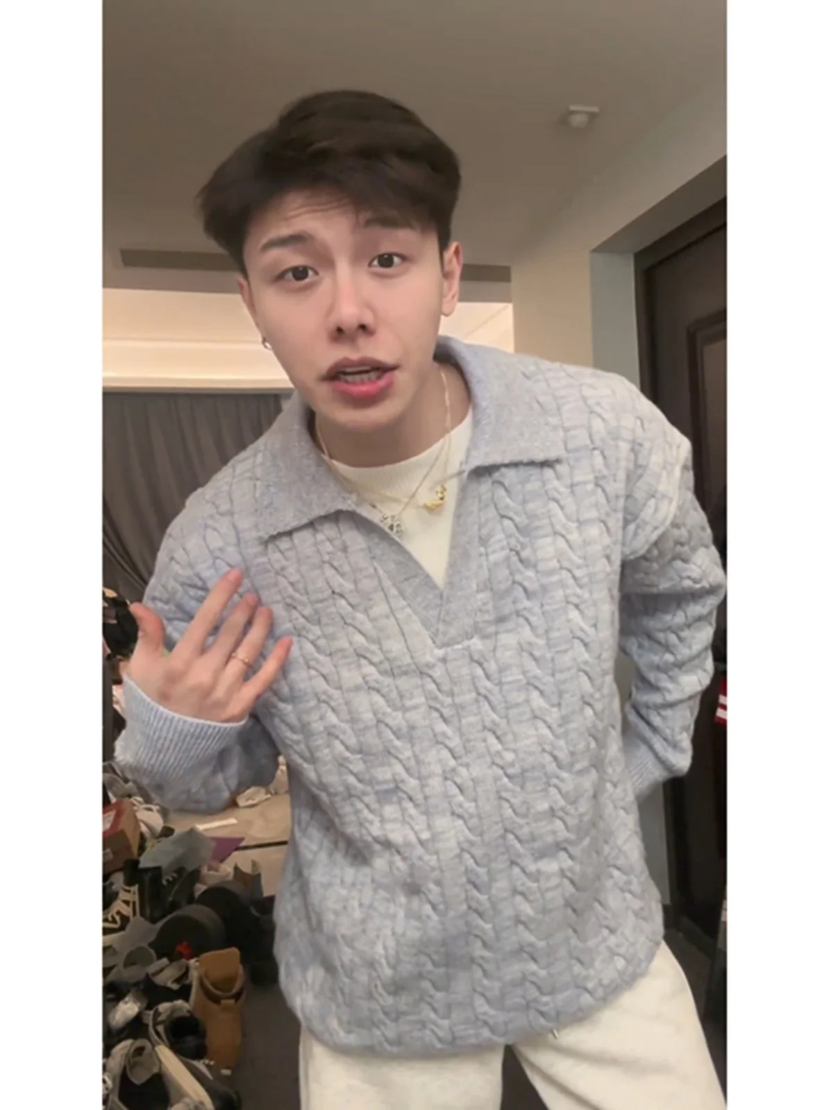 

Trendy V-Ne Knitwear Long Sve Men's Faion Brand Turn-down Collar Sweater Loose Fit Winter Casual Color