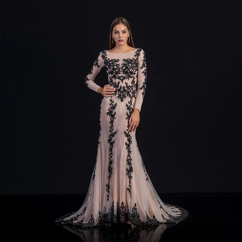 Elegant Aline Evening Dresses Jewel Long Sleeves Appliqued Lace Beaded Sweep Train Ruched Custom Made Formal Party