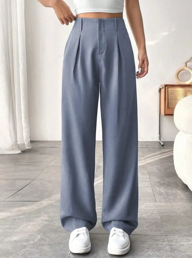 Damen High-Waist Straight-Leg Hosen Slim Fit Einfarbige Plissierte Anzughosen mit Taschen Büro Klassische Freizeithosen – Detail 4