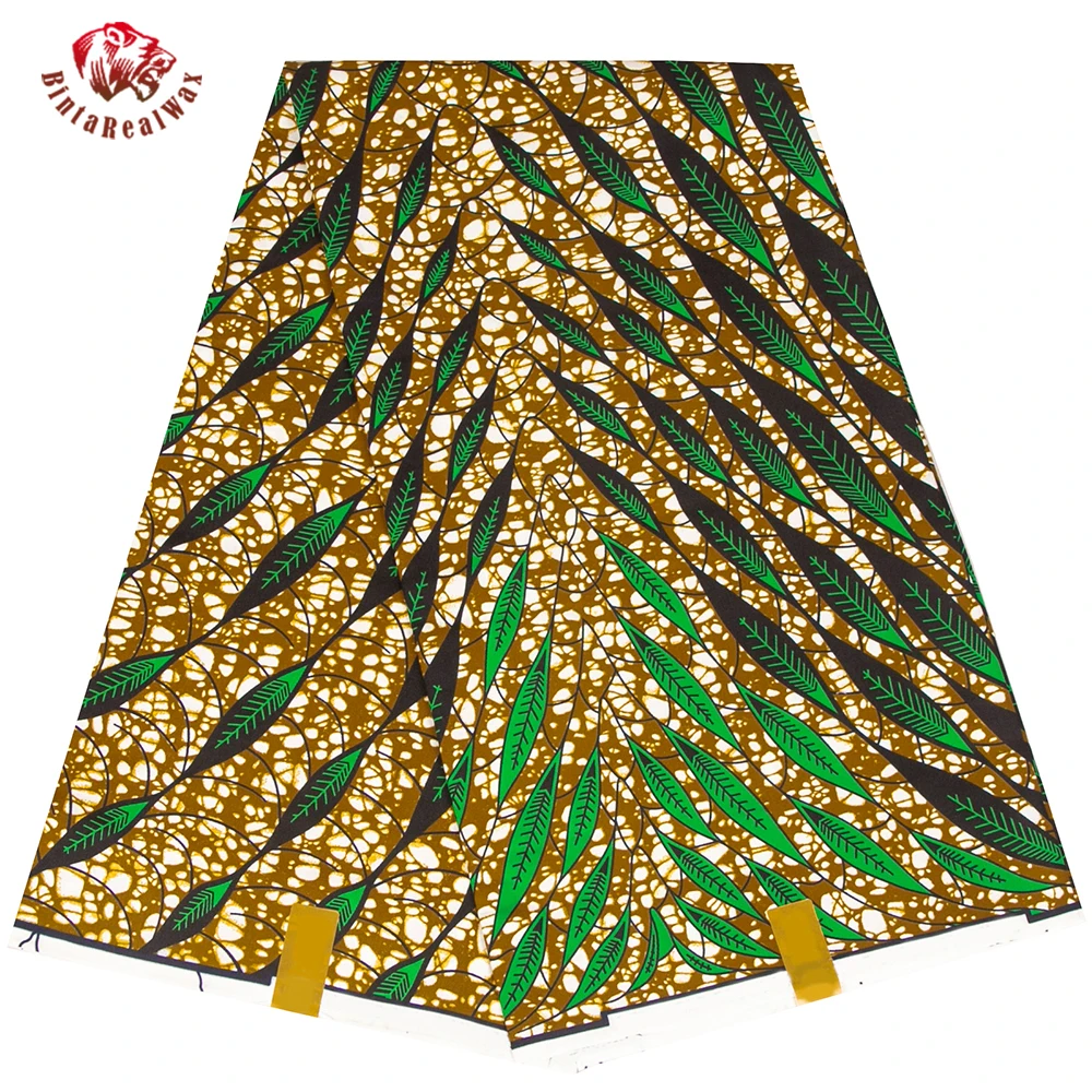 

BintaRealWax African Polyester fabric with gold background green print true wax printed Ankara fabric for DIY FP6564