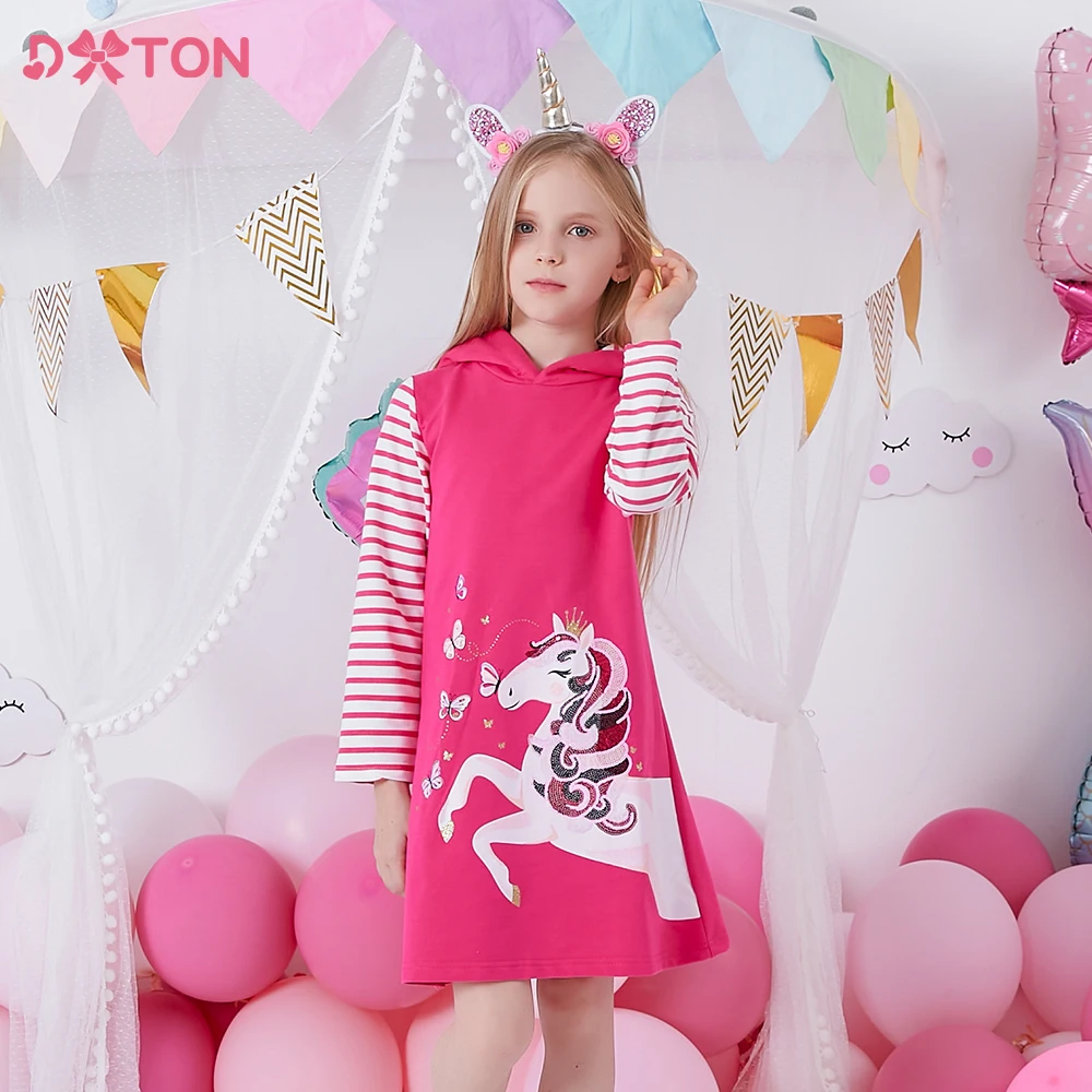 

DXTON Girls Unicorn Appliqued Hooded Dresses Kids Long Sleeve Autumn Winter Cotton Dress Children's Cartoon Costumes Kids Dress