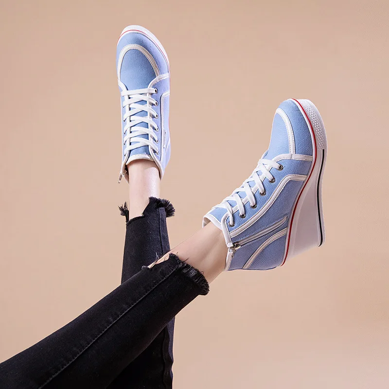 Lace Up Women Comfy Wedges High Heels Sporty Canvas Sneakers Bordered Denim  Height Increasing Maternal Women Shoes 35-43