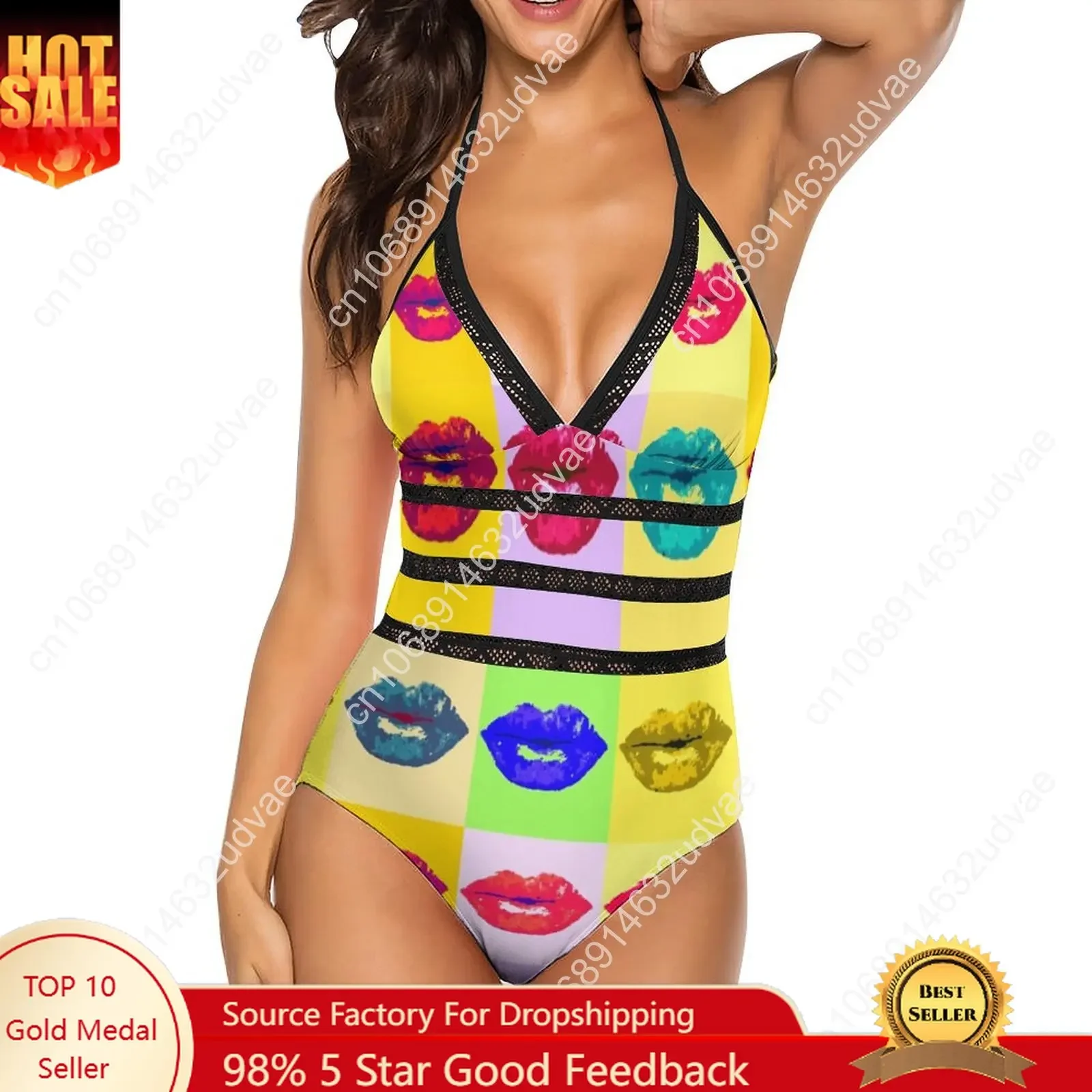 

Colorful Lips Print Swimsuit Sexy Pop Kiss One Piece Swimwear Ladies Push Up Bodysuit Stylish Backless Bathing Suits