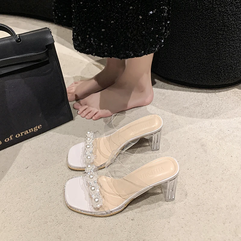 2026 Summer Elegant Transparent Chunky Heel Shoes Luxury Pearl Decoration Square Head Slippers Ladies Sandals Large Size 34-40 view 4