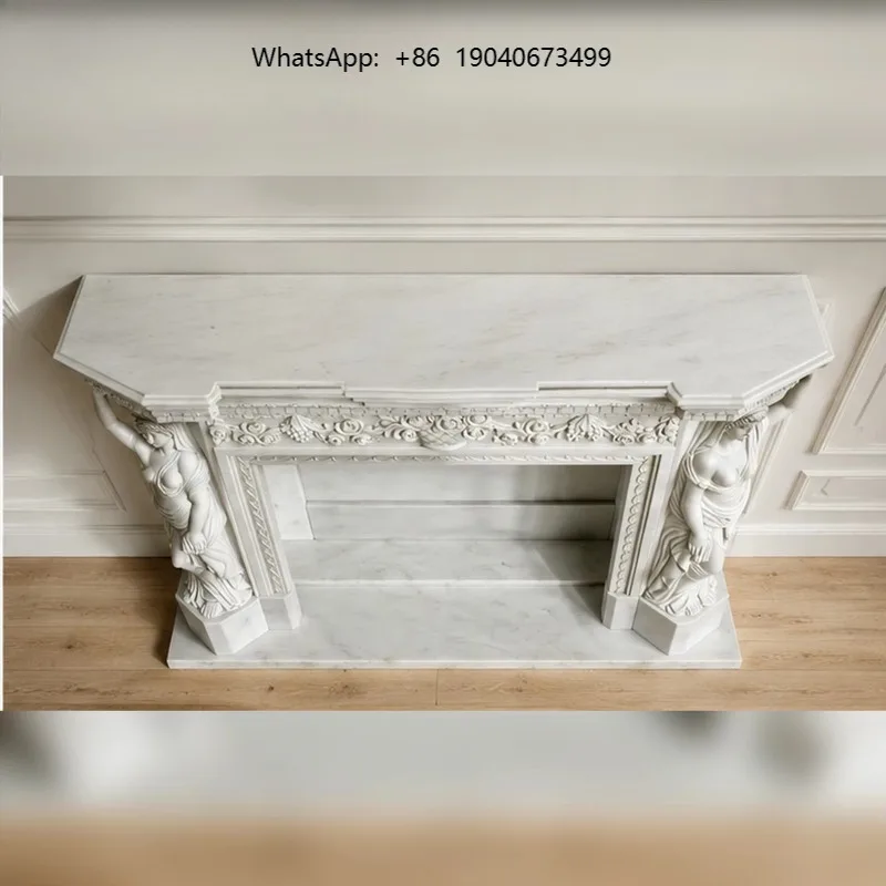 Caryatid Figure White Marble Fireplace Surround Hand Carved Classical Drapery Design for Luxury Hotel Lobby Villa Residence h003