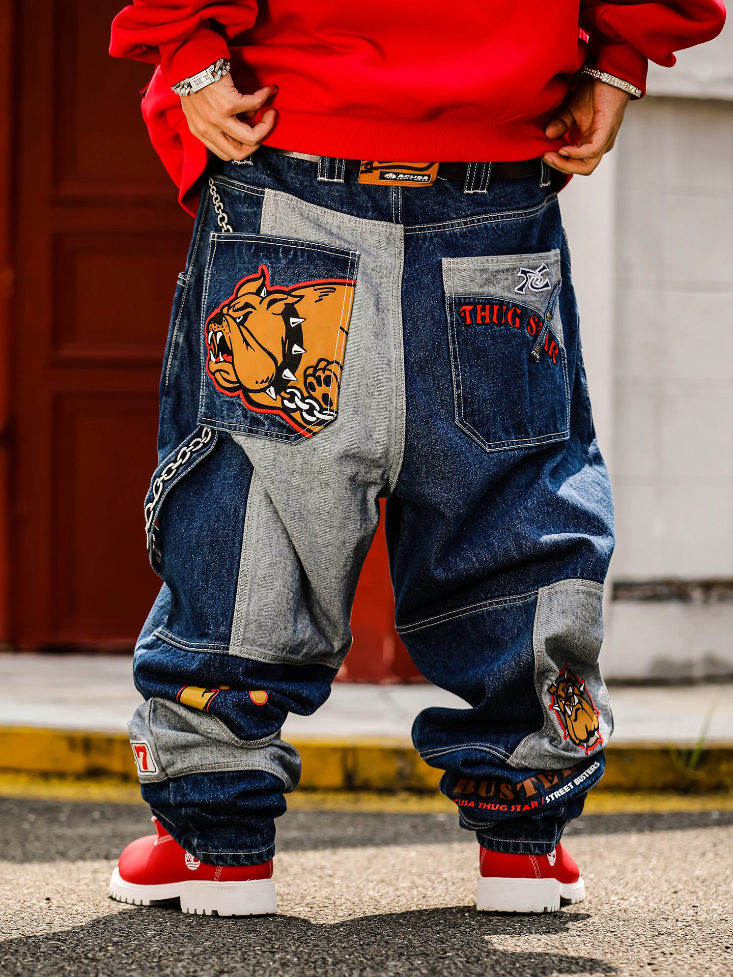 ACUSA Heavyweight Streetwear Embroidered Patch Printed Multi-Process Jeans Large Size Loose Fit Youthful Hip Hop Style