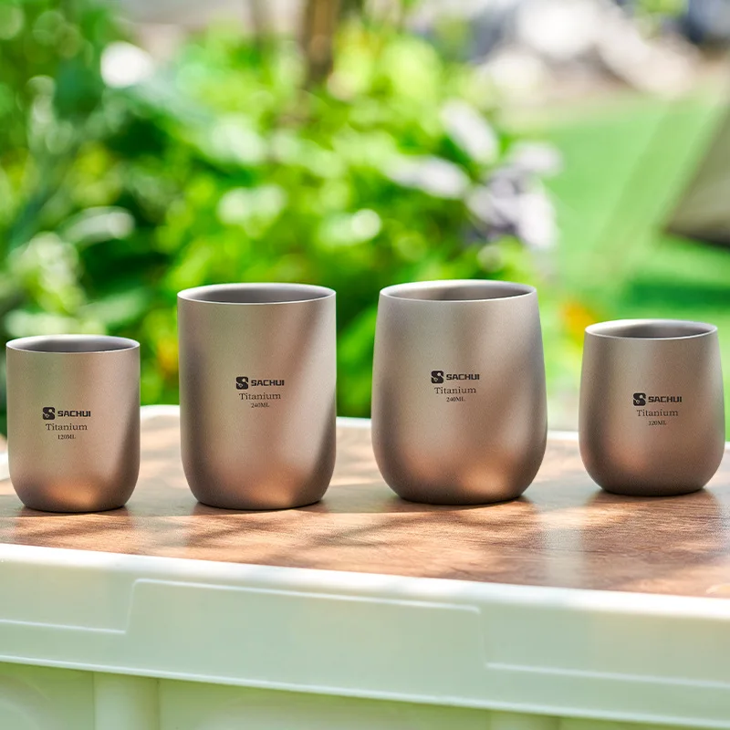 Double Layer Titanium Cup Handleless Outdoor Picnic Coffee Cup Ultralight Camping Portable Pure Titanium Tea Cup Office Mug