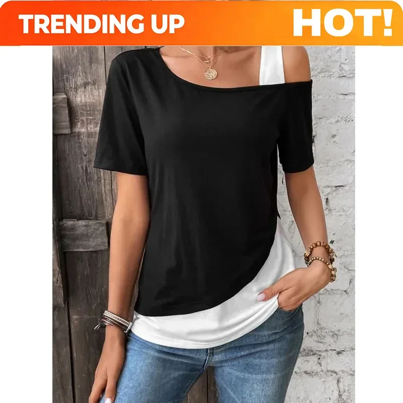 Chic Color Blocking Short Sleeved Women Solid Color Off Shoulder Asymmetric T-Shirt Female Summer Casual Tops
