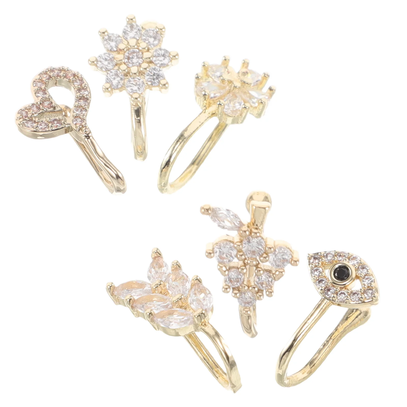 

6pcs Non Piercing U-Shaped Cuffs Clip On Jewelry Adjustable Fake Rings For Women Men Leaf Heart Eye Design Copper Sparkling