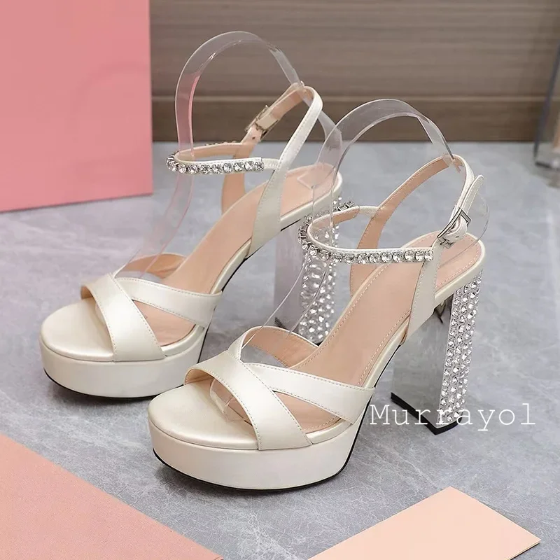 Sandals Silk Satin Platform Sandalias Mujer Women Rhinestone Decor Chunky High Heels Summer Party Dress Shoes Wedding Shoes view 6