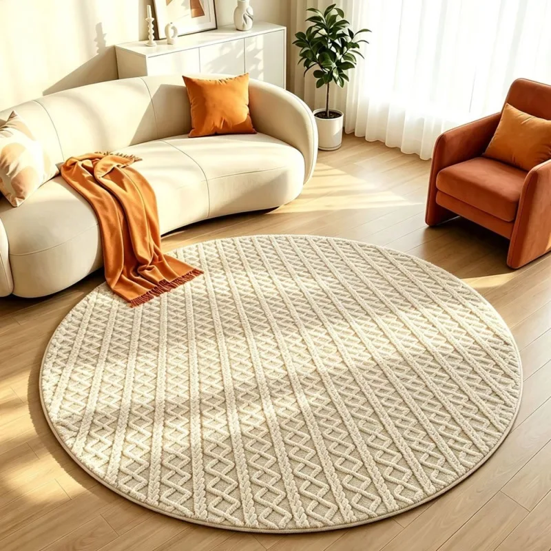 200cm Round Plush Rug Thick Soft French Style Living Room Bedroom Bedside Floor Mat Cream Textured Luxury Home Decoration
