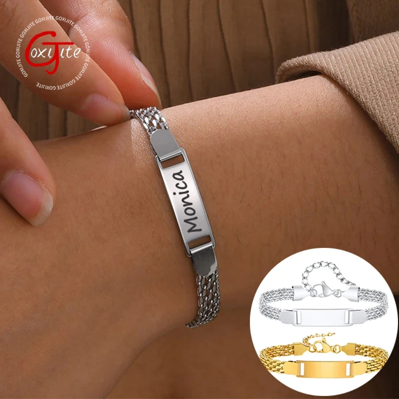 Goxijite Personalized Mesh Chain Engrave Name Bracelet Stainless Steel Engraved Date Adjustable Bracelets For Adult Kids Gift