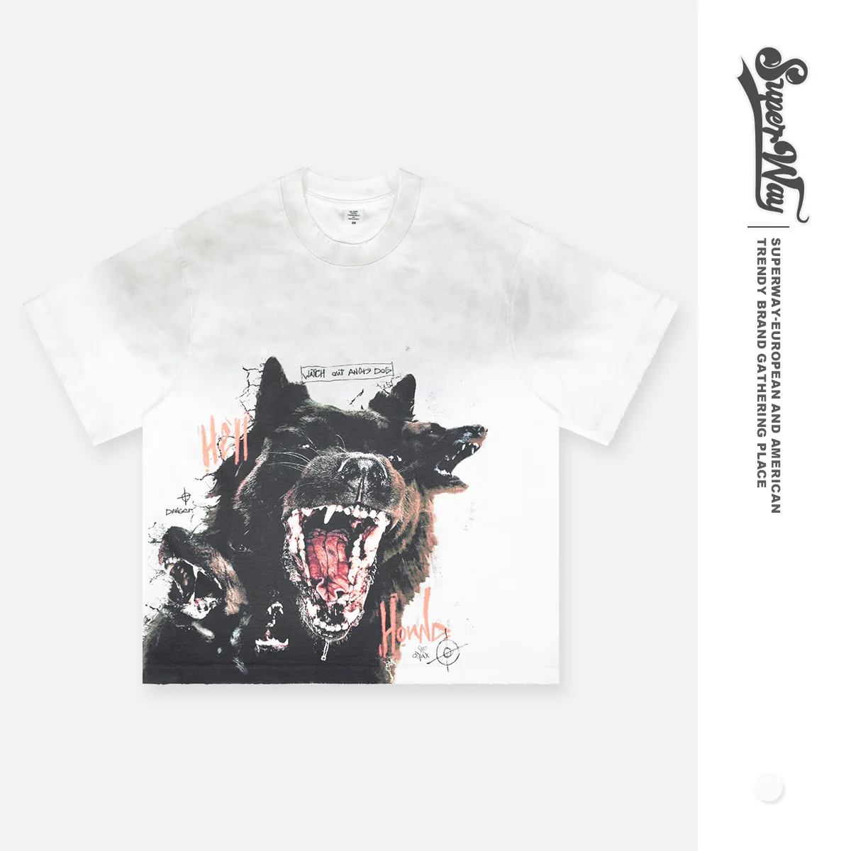 SUPER WAY White Tshirts Vintage Street Classic Dog Head Print T-shirt F-547#