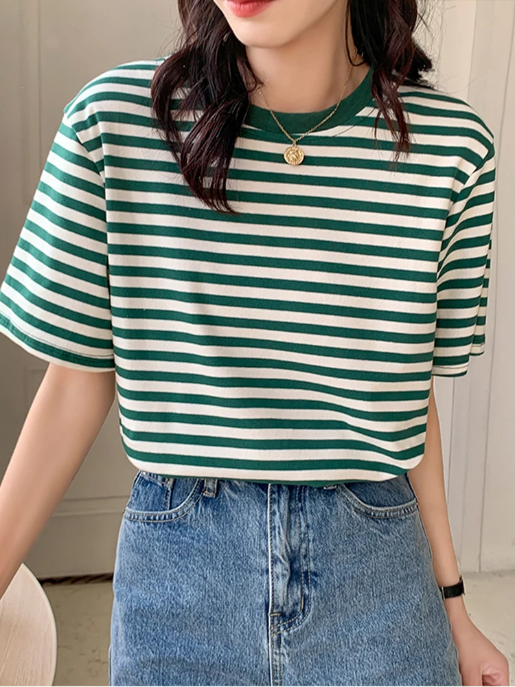 

Women Stripes Vintage Tshirt Tops O Neck Short Sleeve Pullover T-shirt 2024 Summer New Korea Cotton Shirt Green Black Y2K