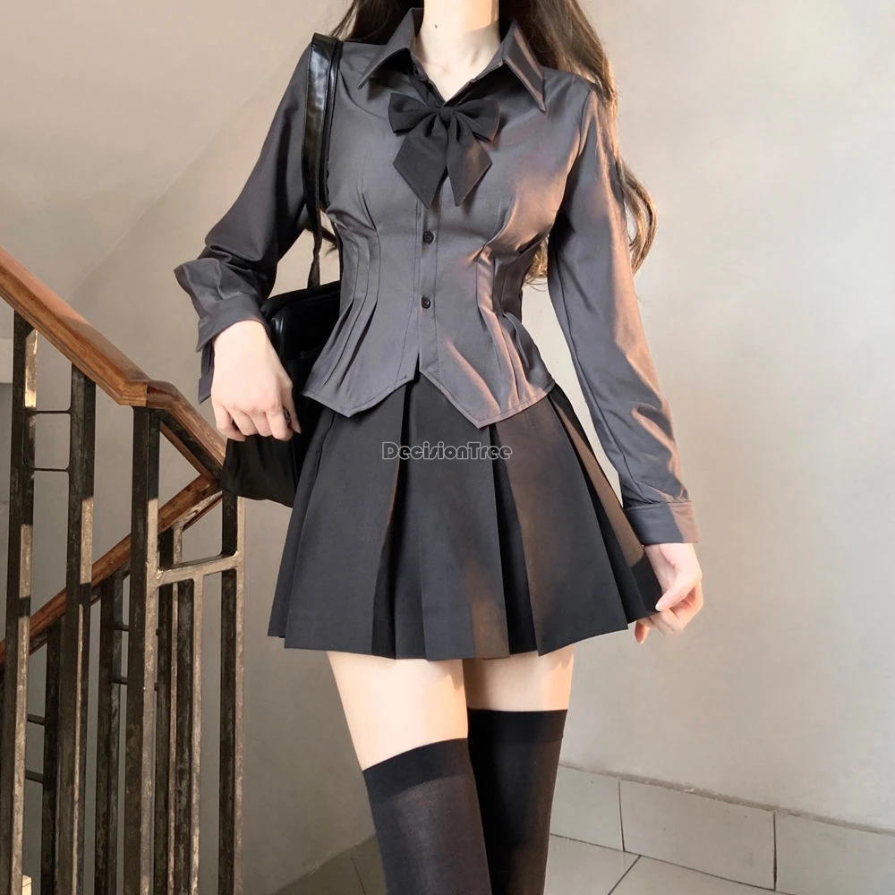 2024 classic academy style autumn school uniform sweet bow fashionable waist cinching design shirt hot girl sexy pleated skirt