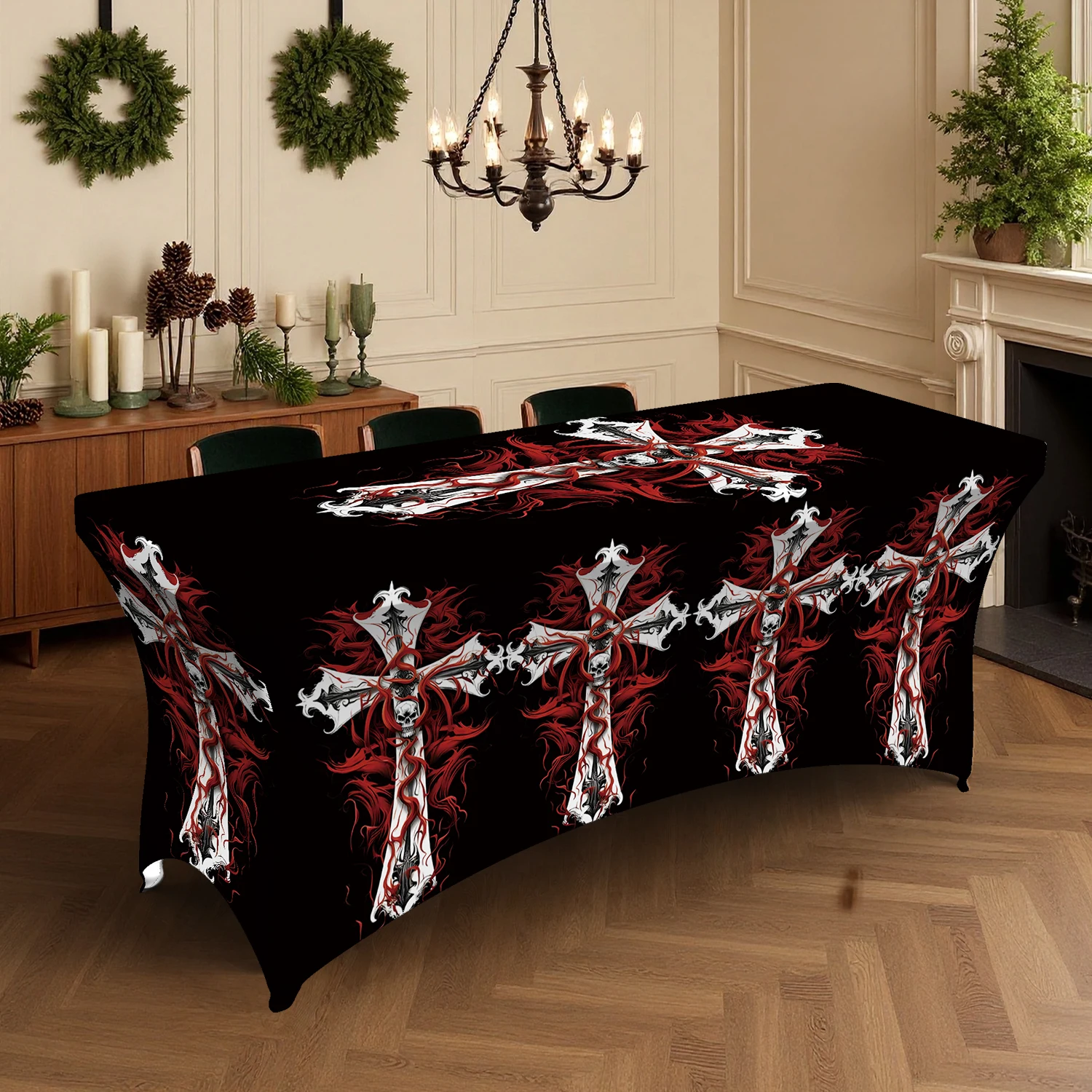 1PC Gothic Cross Digital Print Elastic Tablecloth, 4/6/8FT Summer Outdoor Stretchable Rectangular Table Cover,