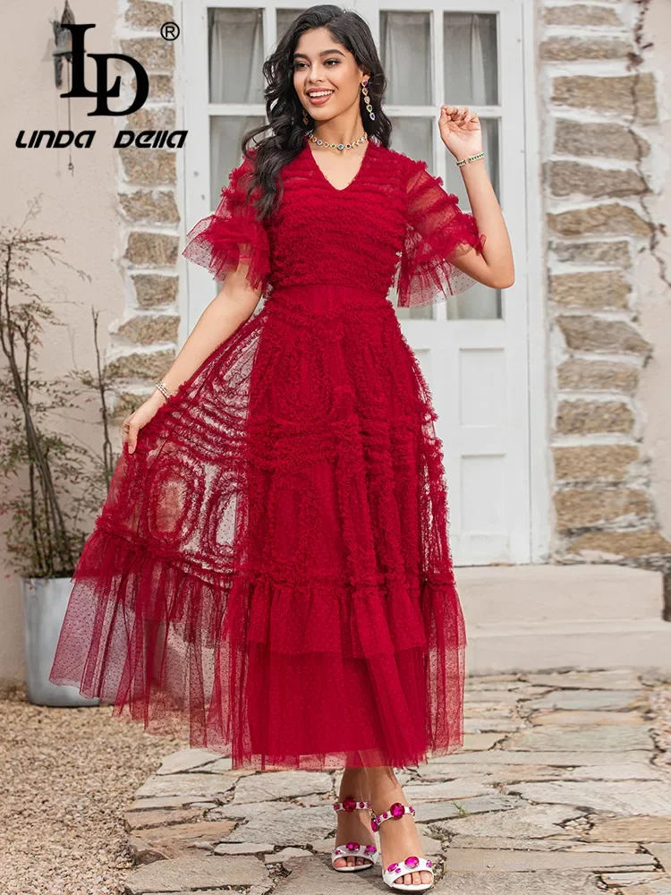 LD LINDA DELLA Summer Runway Fashion Red Mesh Dress Women Short sleeve Dot Splicing Vintage Party Long Dress Vestidos