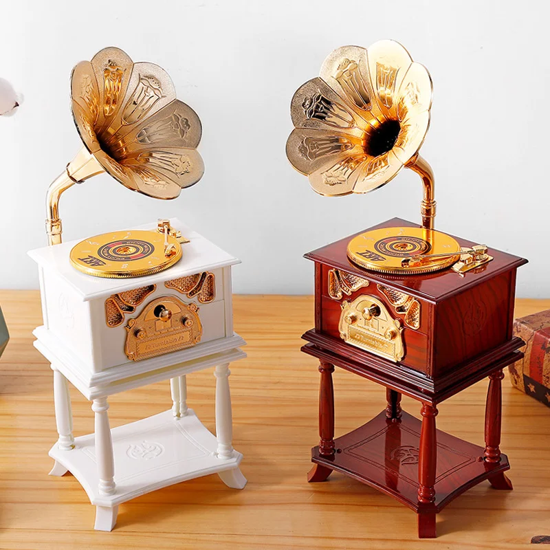 European-style Creative Gramophone Model Music Box Retro Music Box Record Home Living Room Bar Office Decoration Gift Ornaments