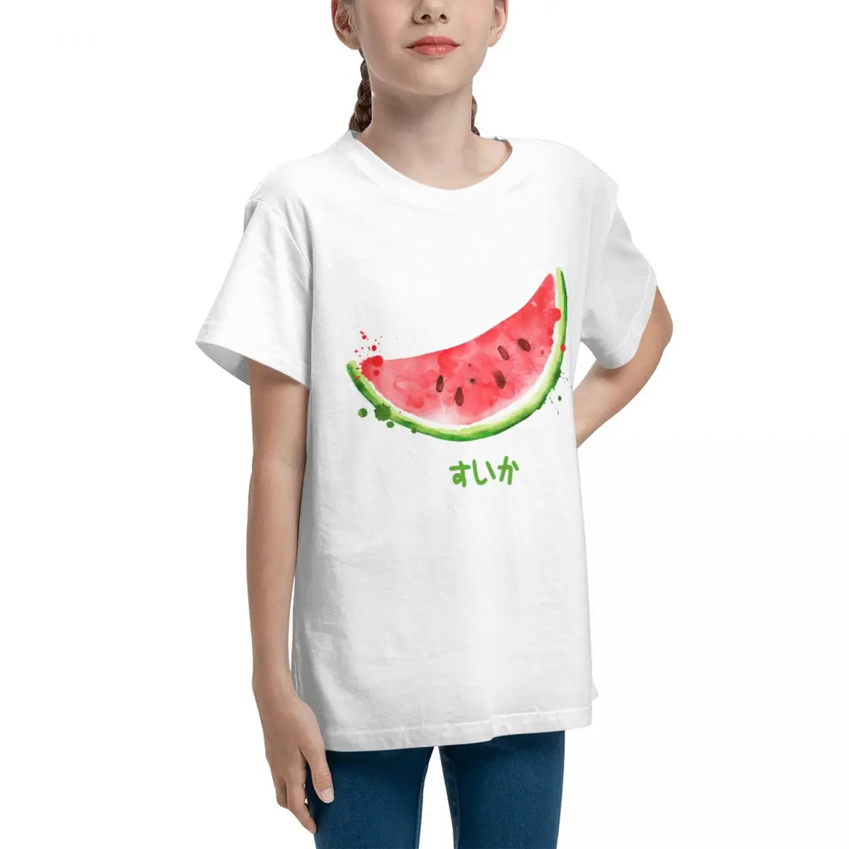 Adolescents Basic Short Sleeve T-Shirt Suika Watermelon In Japanese For Sale HarajukuHigh quality T-shirts Novelty Adolescents