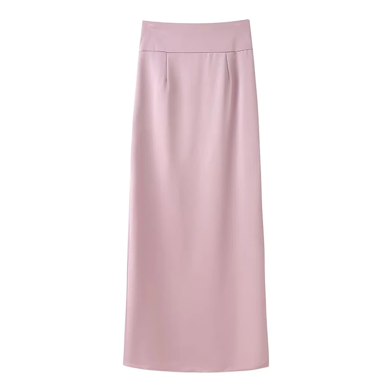 YENKYE Elegant Satin Straight Long Skirt Women High Waist All Buttons & Front Split for Office & Date