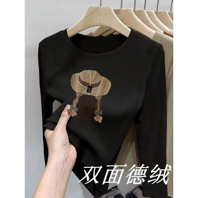 European German Velvet Long-sleeved Right-shoulder T-shirt for Women Early Autumn New Round-neck Slim Slim Top Bottoming Shirt
