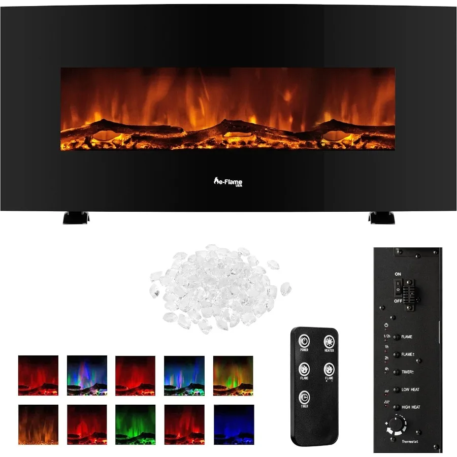 

Sundance Curved Wall Mounted or Freestanding LED Electric Fireplace with Remote Adjustable Timer Remote 48 inch