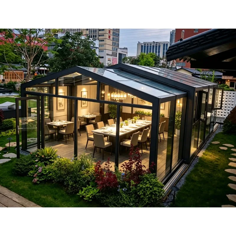 Villa Sunroom with a Stepped Waterproof Aluminum Sun room Glass House on One Side Against the Wall with Electric Functionality
