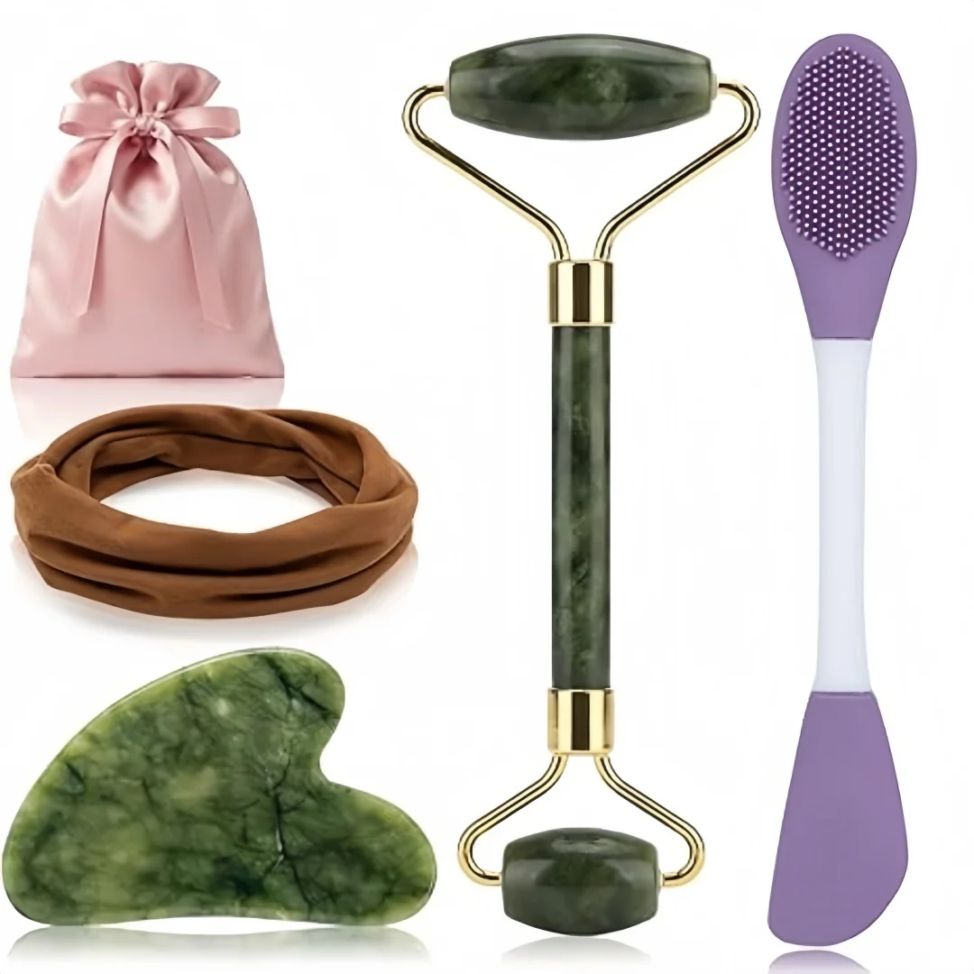 5PCS Face Roller & Gua Sha Facial Tools, Face Massage for Wrinkle Reduction & Puffiness Relief, Includes Silicone Scrubber, Headband & Travel Pouch, Jawline Sculpting and Pore Cleansing Set