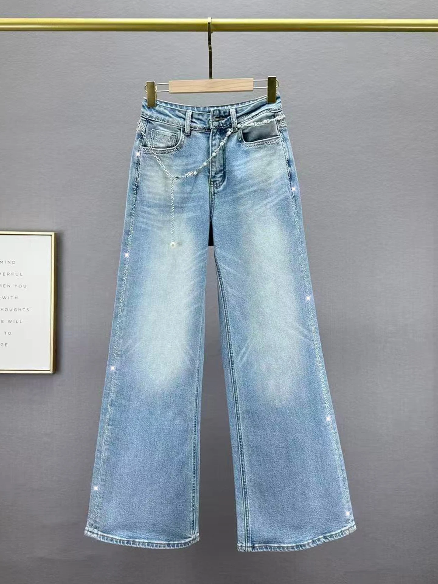 

High Waist Loose Fit Glitter Denim Jeans Women's Spring New Sle Hong Kong Sle Waed out Belt Chain Wide Leg Pants