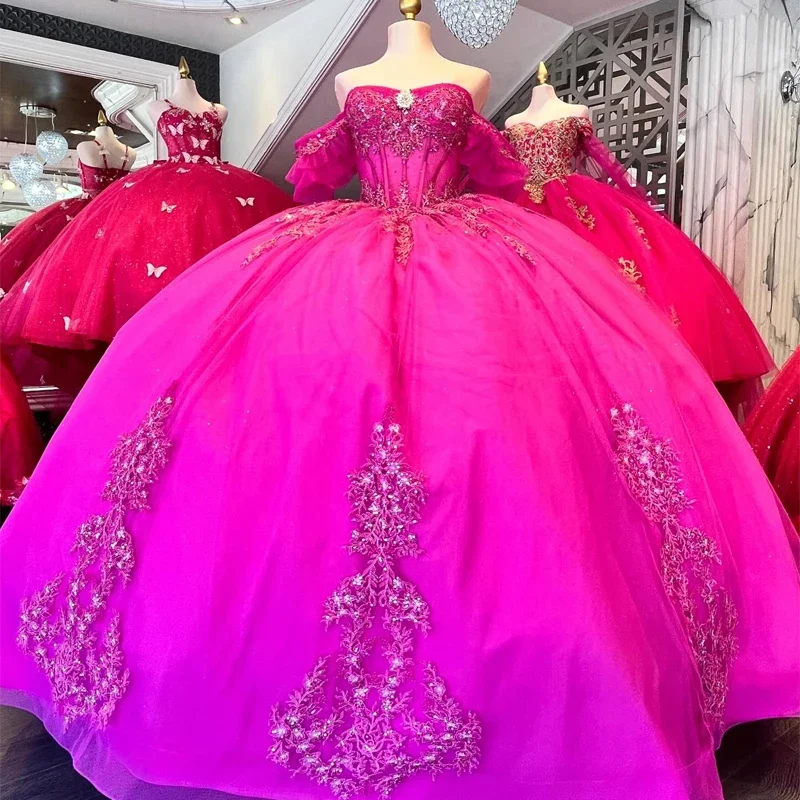 ANGELSBRIDEP Rose Red Quinceanera Dresses Off Shoulder Lace Applique Beads Tull Sweet 16 Dress Birthday Party Gown Customized