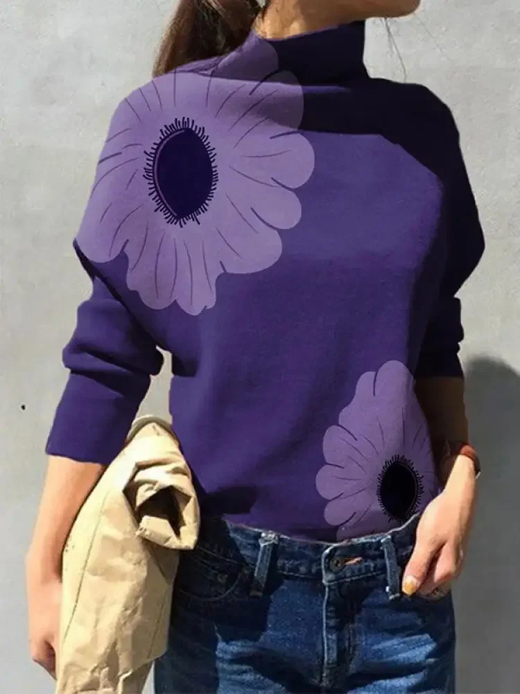 UOOZEE 2024 New Spring Autumn High Neck T-Shirts Women Elegant Flower Printed Long Sleeves Loose Casual Trendy Purple Tops