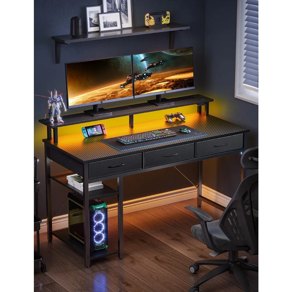 with Power Outlets&LED Light, 47 inch Home Office desk with 3 Drawers and Storage Shelves,Writing,Modern Work Desk,Carbon Black