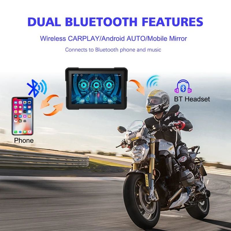 ●Motorcycle 5 Inch Bluetooth Portable Screen GPS Navigation IP67 Waterproof Wireless Carplay Android Auto MP5 Player
