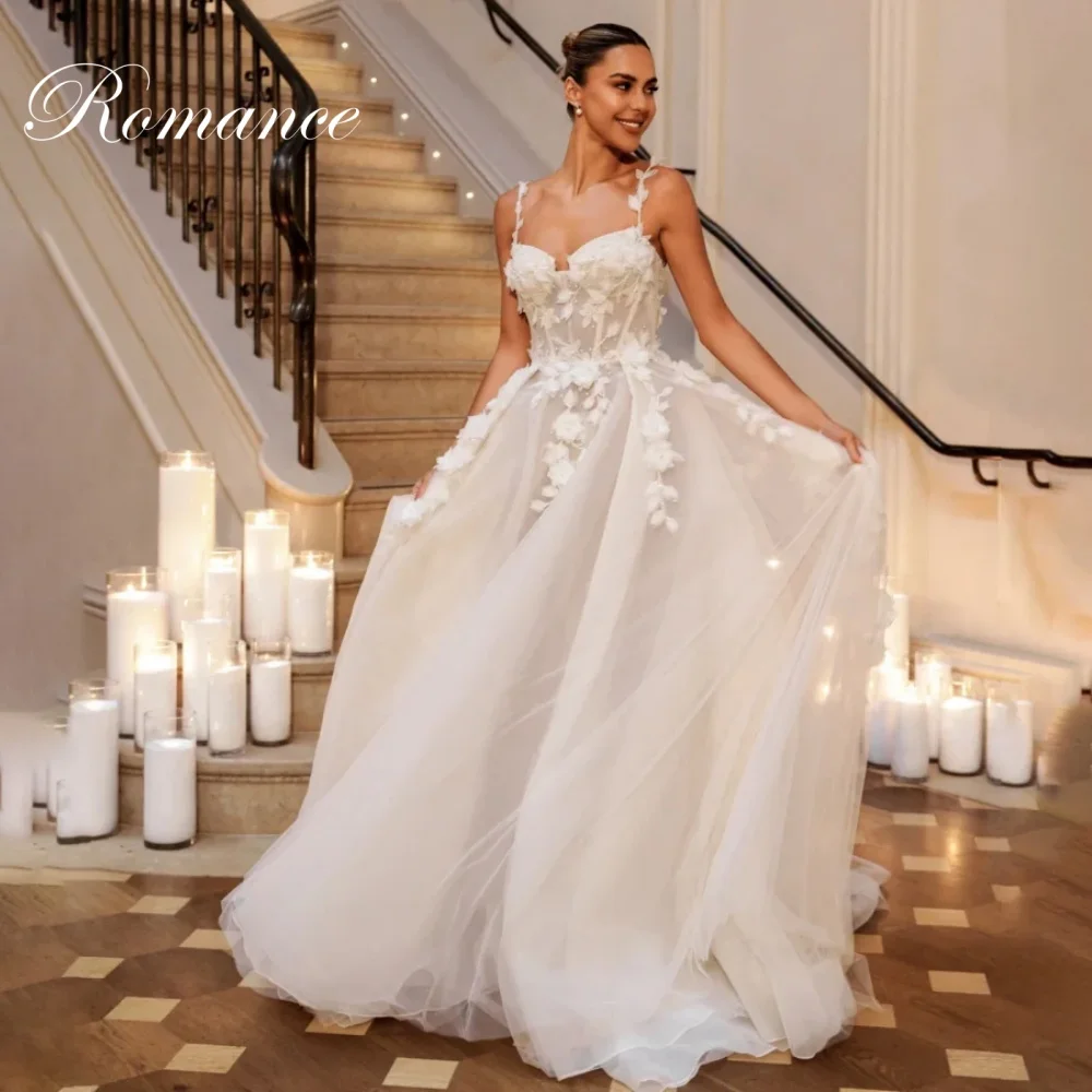 

Elegant Spaghetti Straps Slit Appliques A-Line Wedding Dress Lace Backless Flowers Pleat SleevelessVestidos De Novia Customized