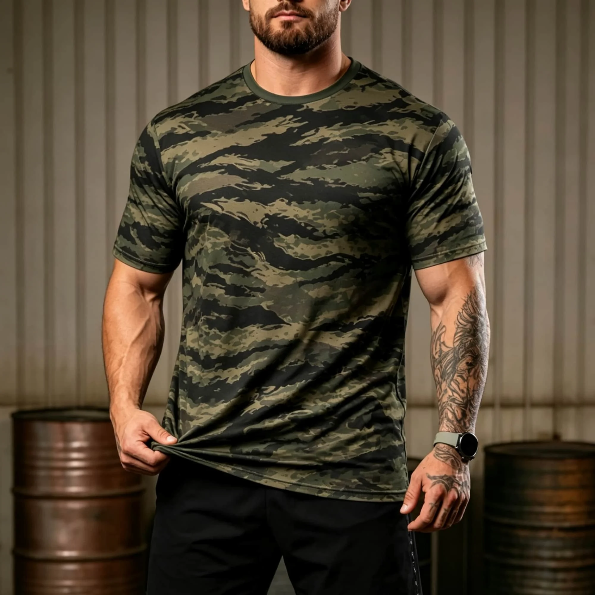 Men Tiger Stripe Camo Short Sleeve T‑Shirt Quick Dry Stretch Athletic Tee Military Camouflage Gym Workout Training Sport Tops