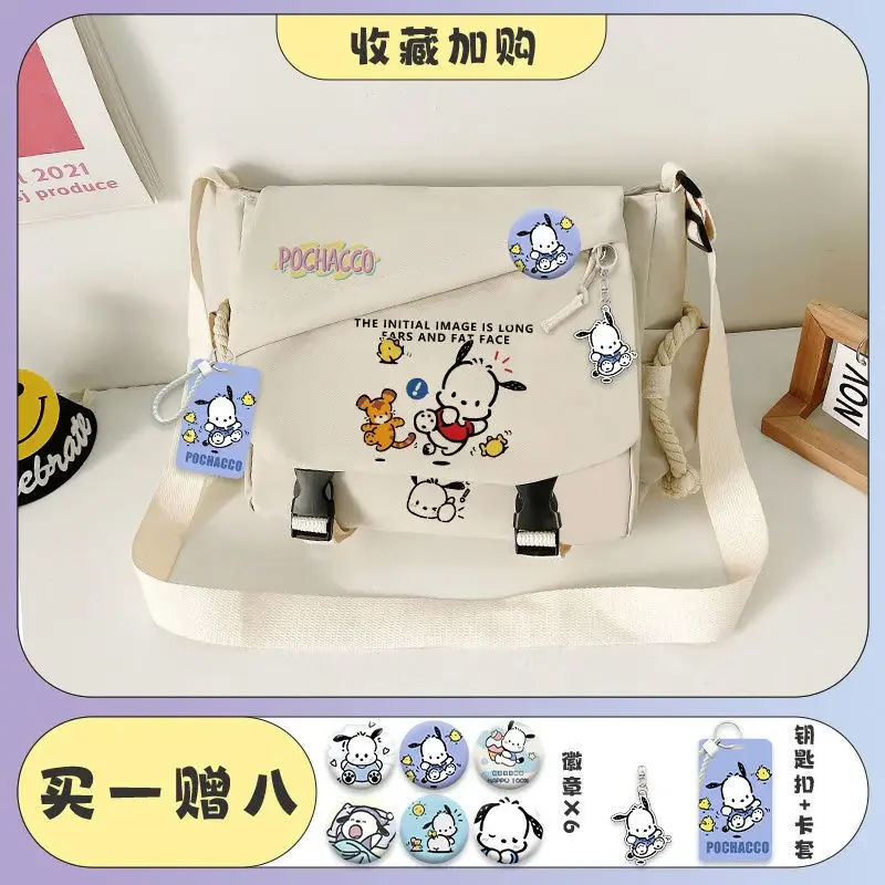 Sanrio Pacha Dog Crossbody Bag, Bolsa de Lona Portátil, Estudante College Class, Cartoon Bolsa de Ombro Único, Novo