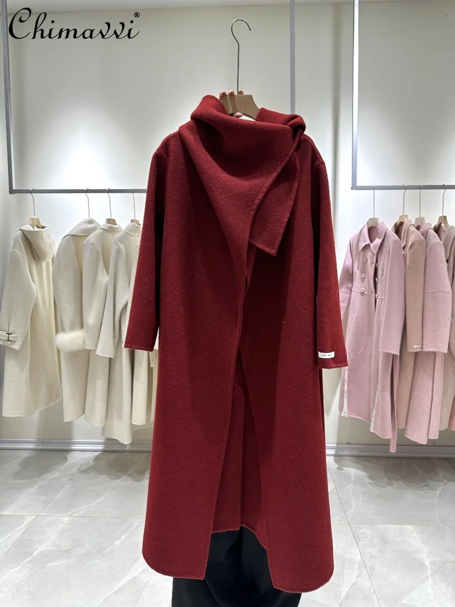 

Autumn Winter New High-end Large Lapel Collar Double-sided Cashmere Coat Female Womens Stand-up Collar Long Woolen Coat Blends